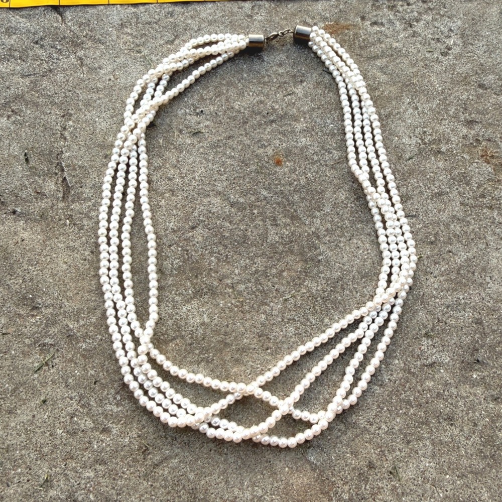Vintage Style Multi Strand Faux Pearl Necklace White 4 Row Layered 20 Inch